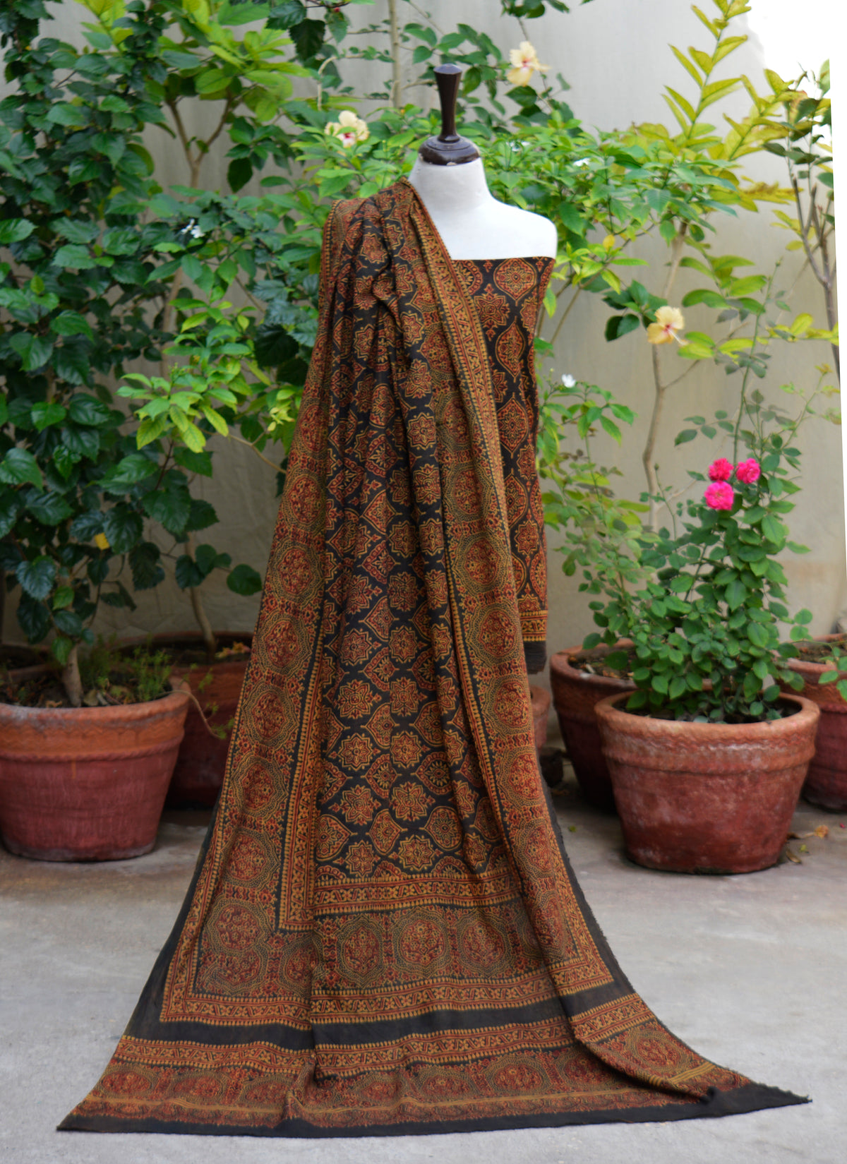 Premium Indus heritage Ajrak Rang-e-Hina Badam pattern two-piece dress