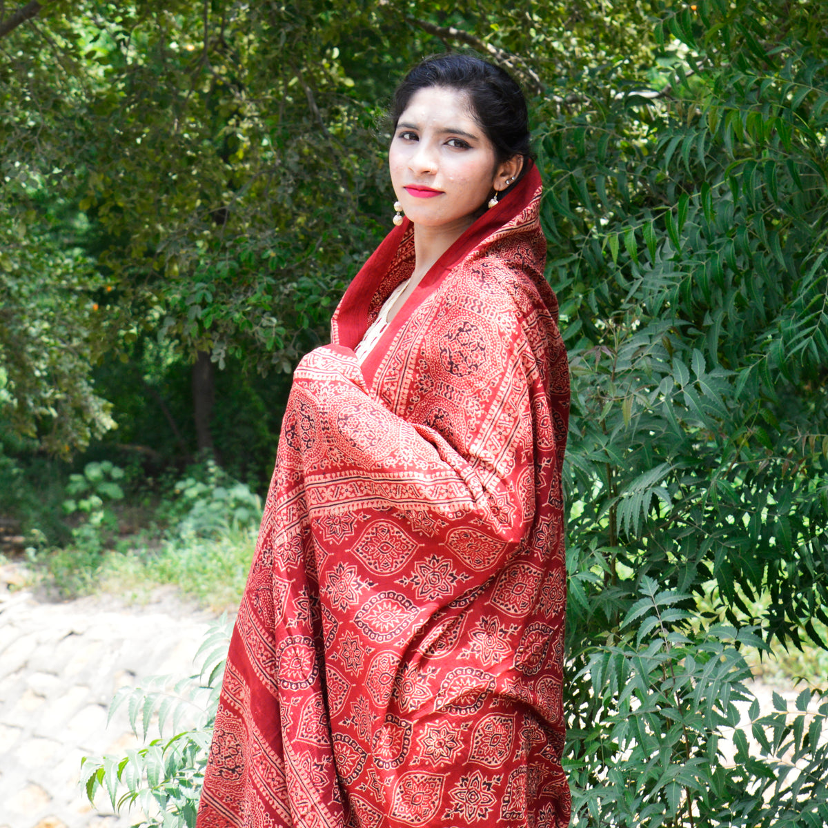 Red Ajrak chaadar hand block printed with organic dyes on soft lawn cotton