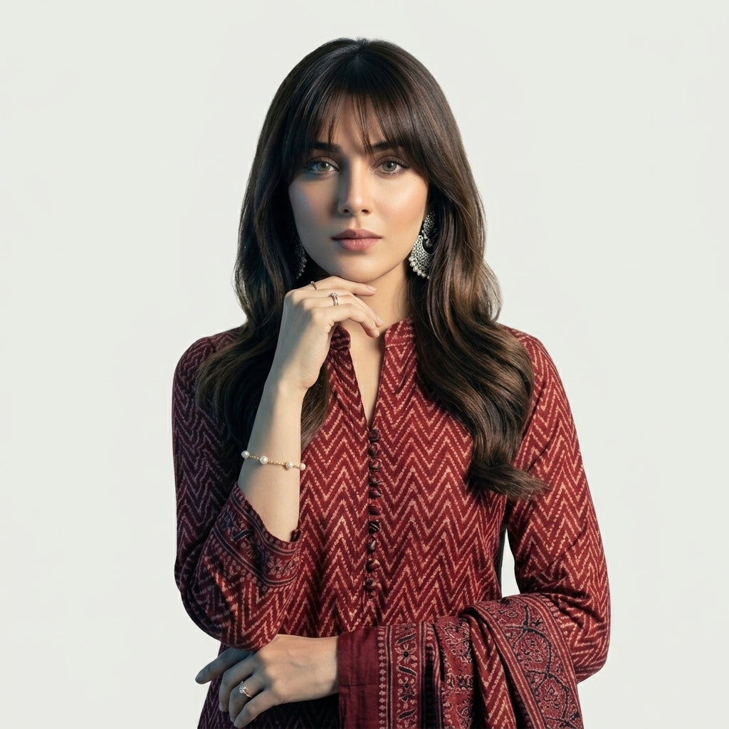 Red zigzag Ajrak two-piece unstitched shirt and dupatta with traditional hand block printed patterns.