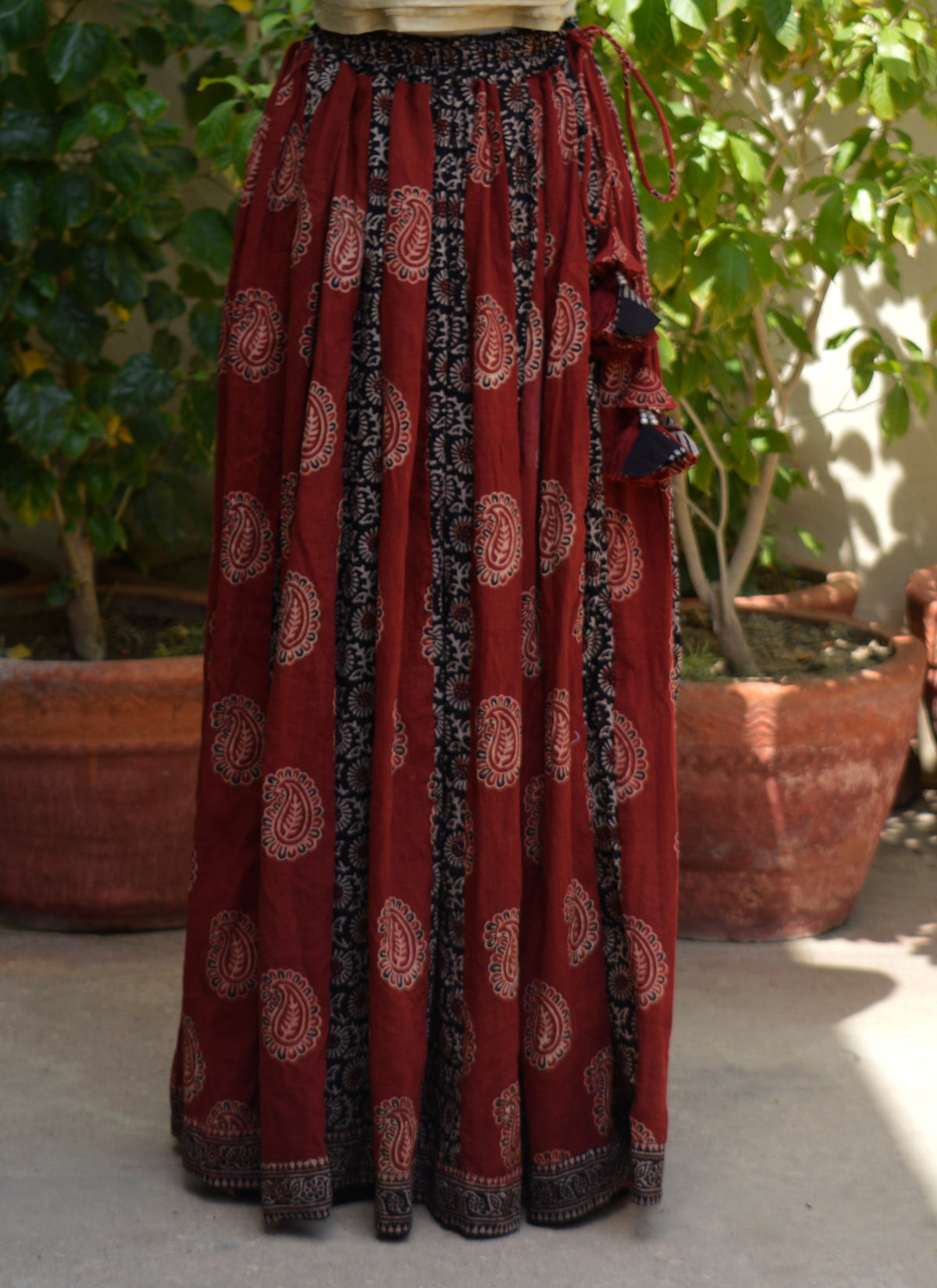 Women's Ajrak maxi skirt in lawn fabric with hand block printed patchwork design
