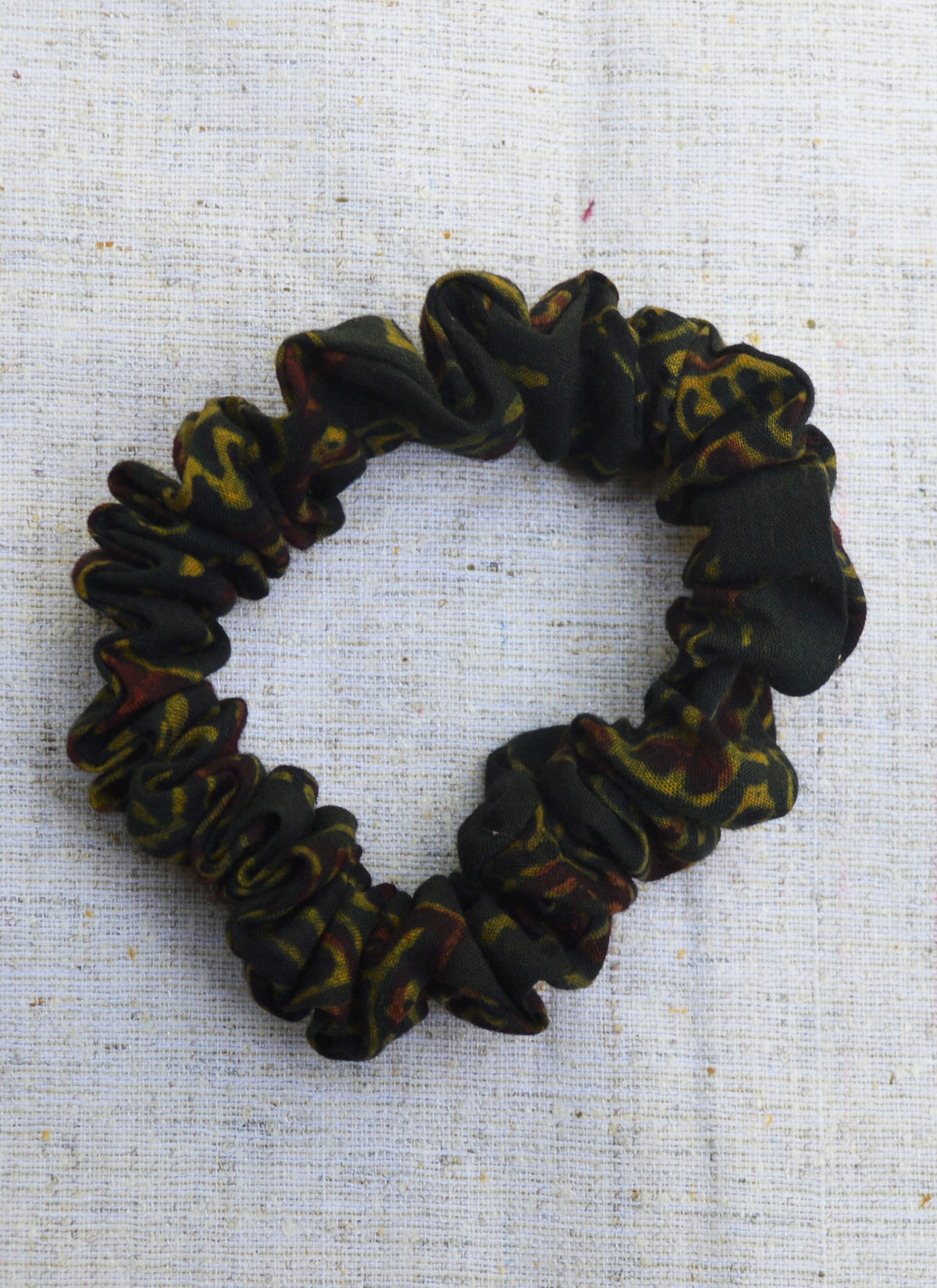 Handmade dark green Ajrak scrunchie for ponytail and bun styling