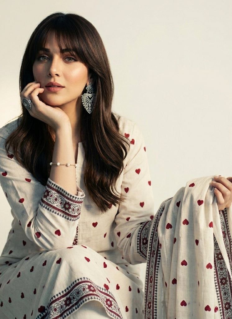 Hand Block Printed Heart Design Two-Piece Dress – Red on White Cotton Shirt & Dupatta Set