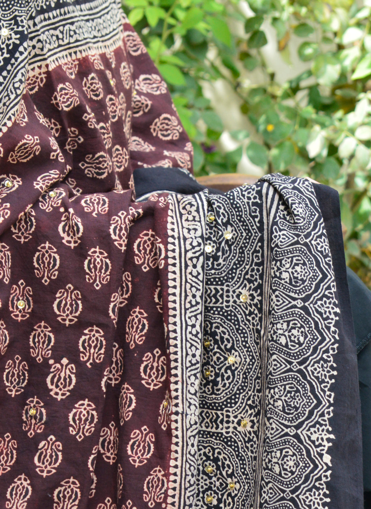 Hand Block Printed Ajrak Odhni in Maroon-Black with Embellished Details