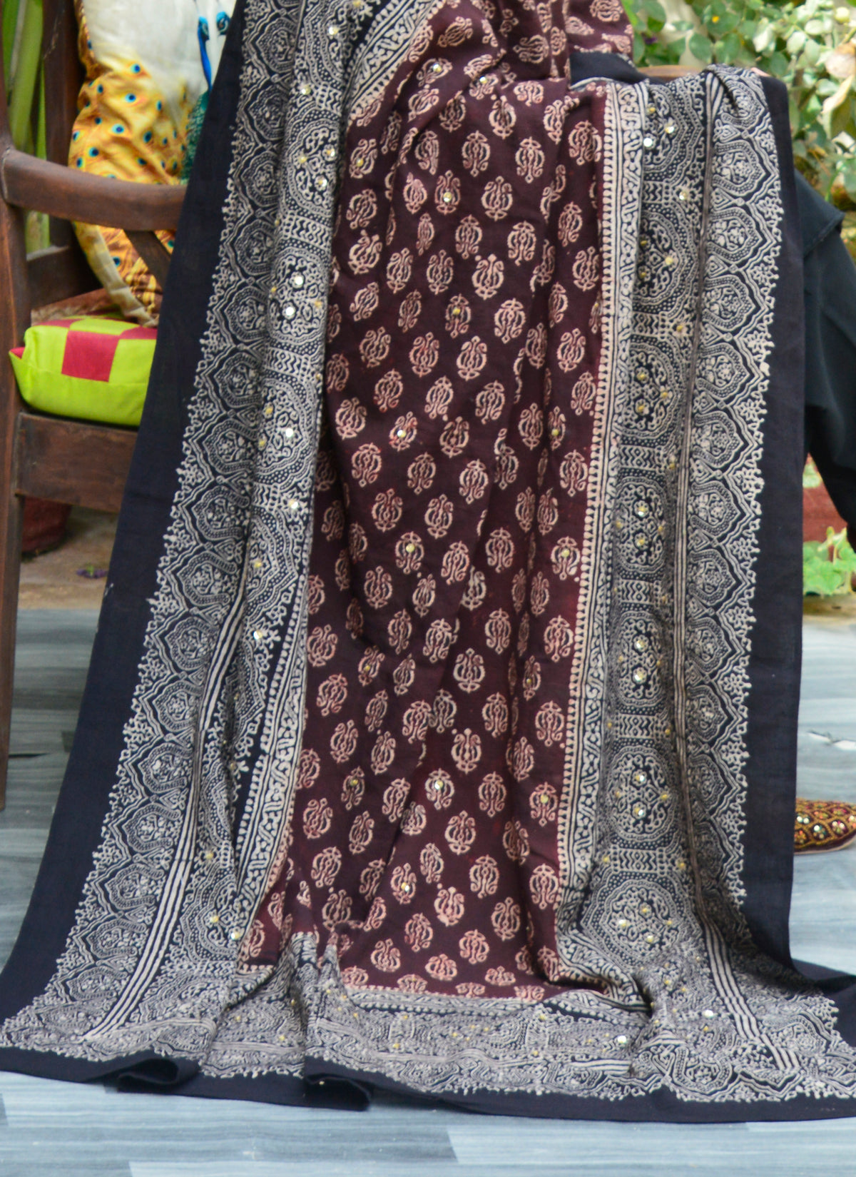 Two-Tone Ajrak Floral Dupatta with Sitara Work and Thread Tassels
