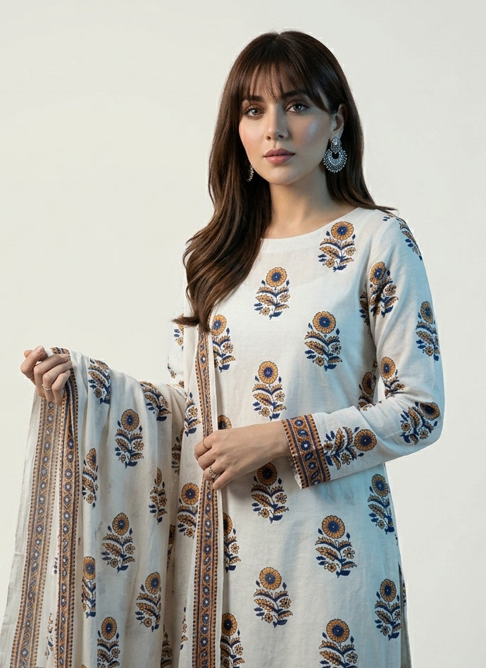 Orange floral hand block printed unstitched cotton suit for women Pakistan