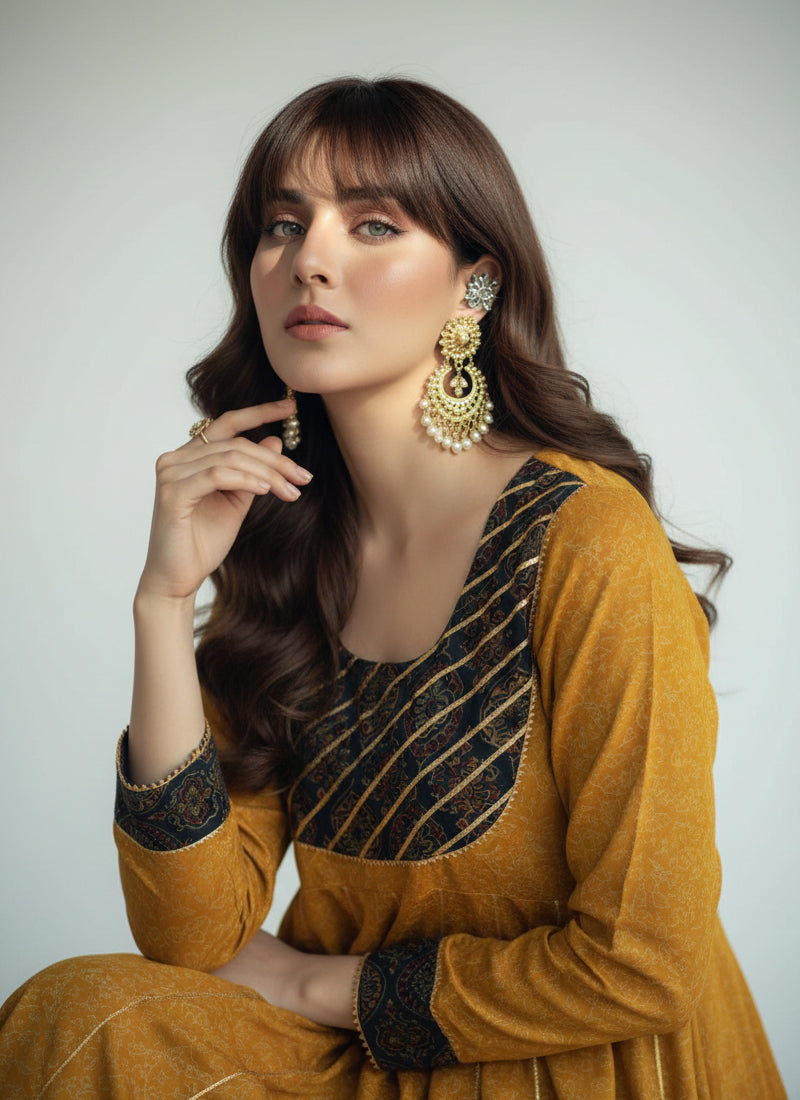 Zarqa Mustard – Ajrak Anarkali with Gotta Lace & Green Bdam Detailing (Organic Dye Hand Block Printed)