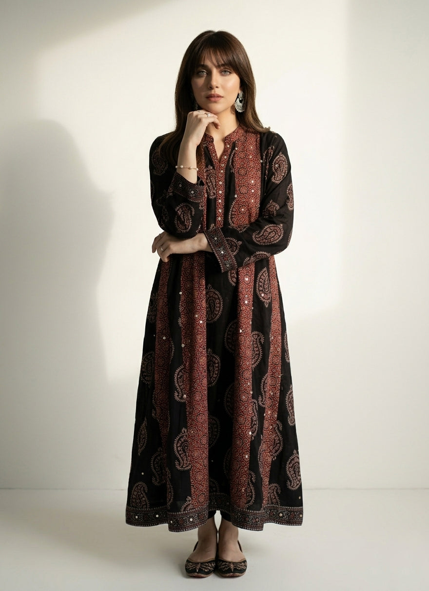 Ajrak Boho Maxi Patchwork – Anbi Motif with Sitara Sequins | Organic Dye Hand Block Printed Lawn | Ajrak Design Dress