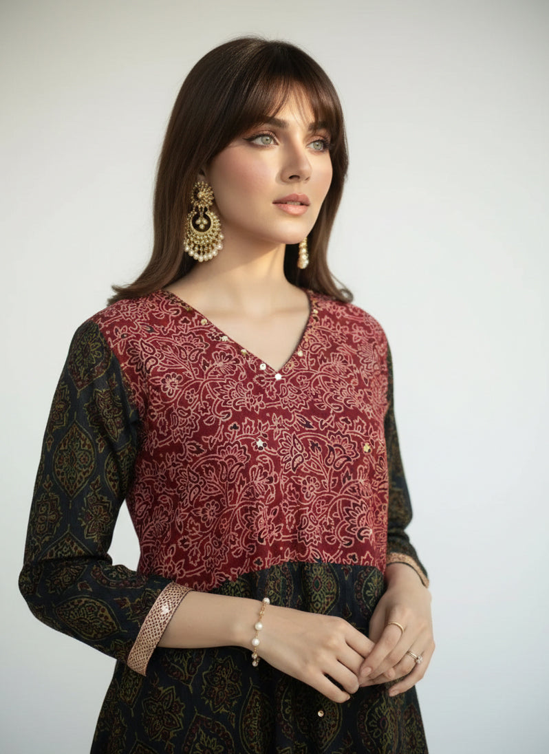 Mehroon Emerald – Stitched Ajrak Design Dress with Sitara & Gotta Lace (Frock & Plazo)