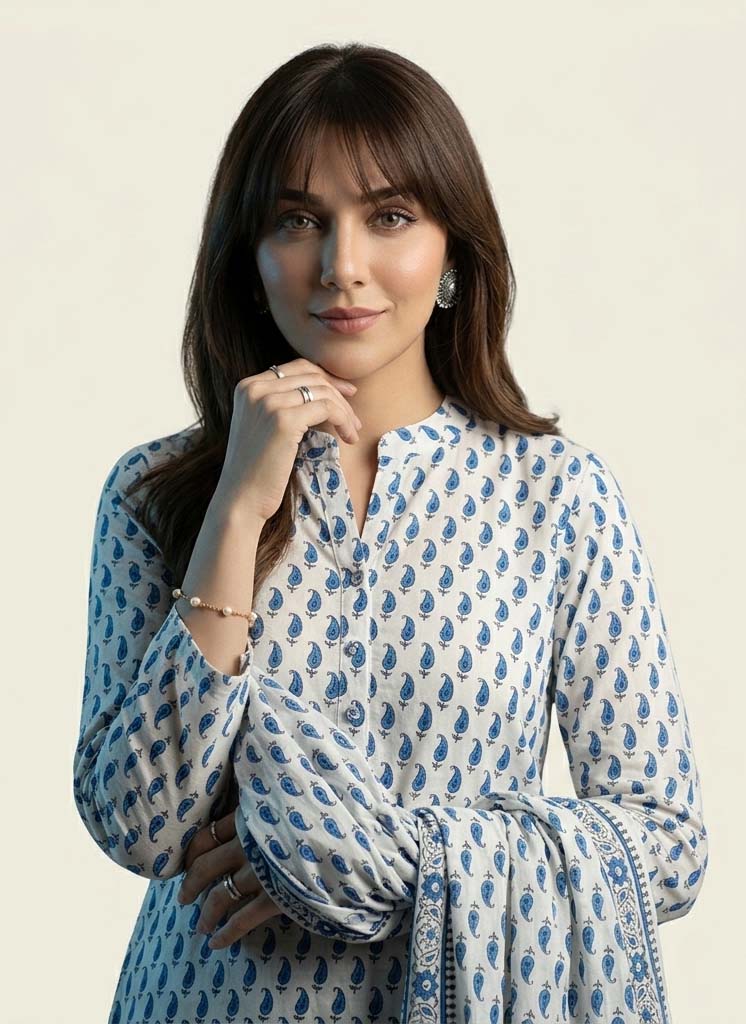 Ajrak Design Dress kerry blue two piece hand block printed premium lawn unstitched shirt and dupatta elegant ethnic wear Pakistan