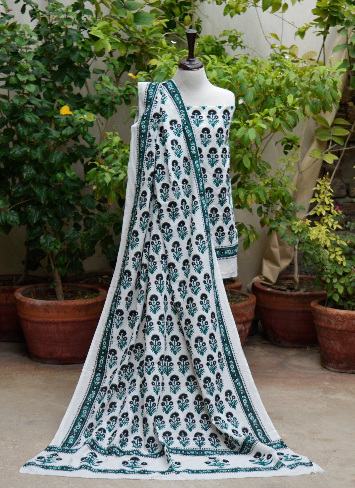 Handmade black floral cotton shirt and dupatta set with traditional block printing craftsmanship