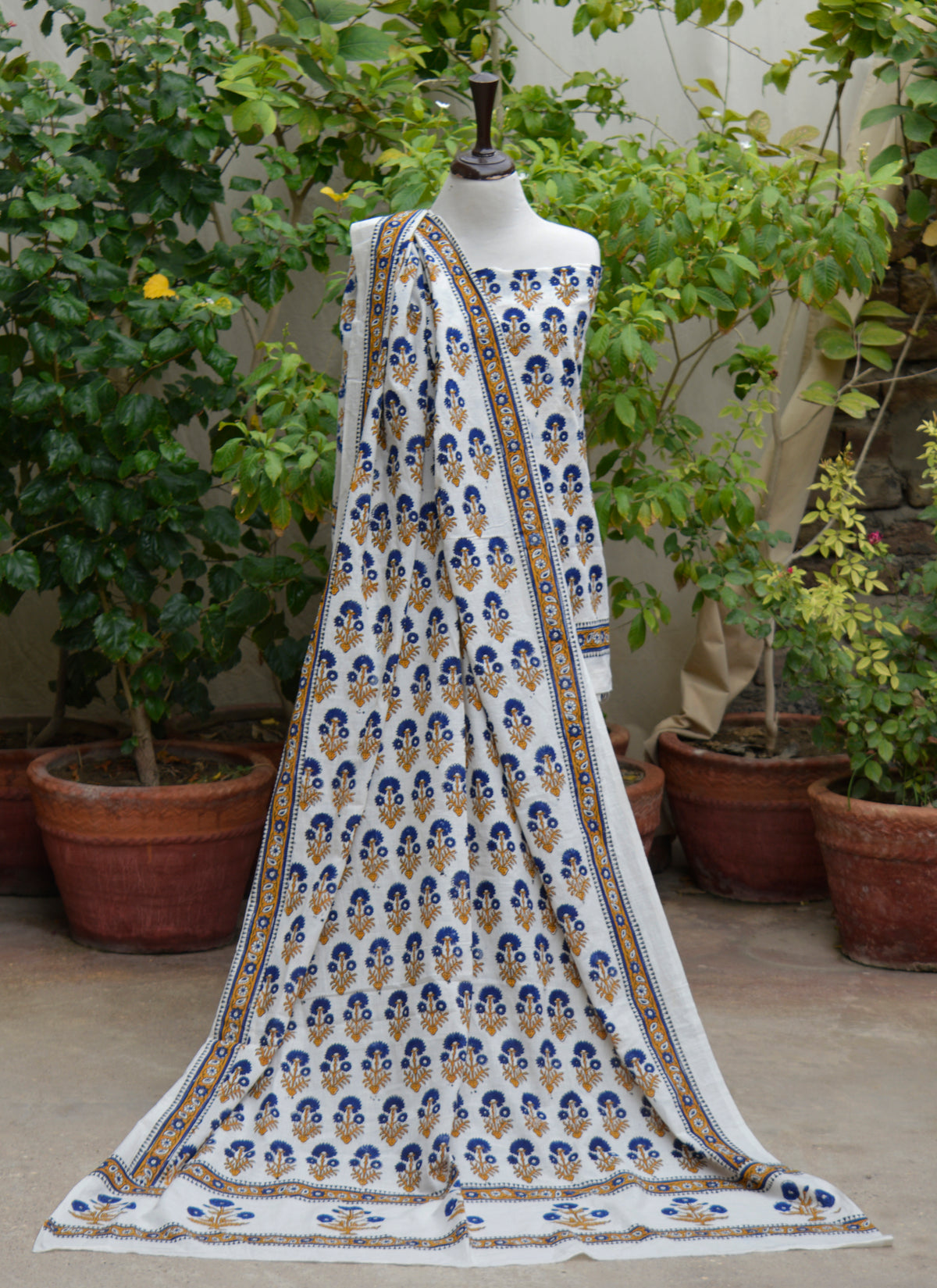 Women's cotton two-piece fabric with blue floral butta pattern and golden yellow stem details