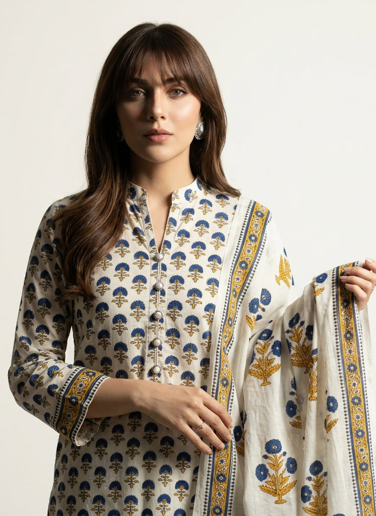 Blue floral butta hand block printed cotton two-piece shirt and matching dupatta for women