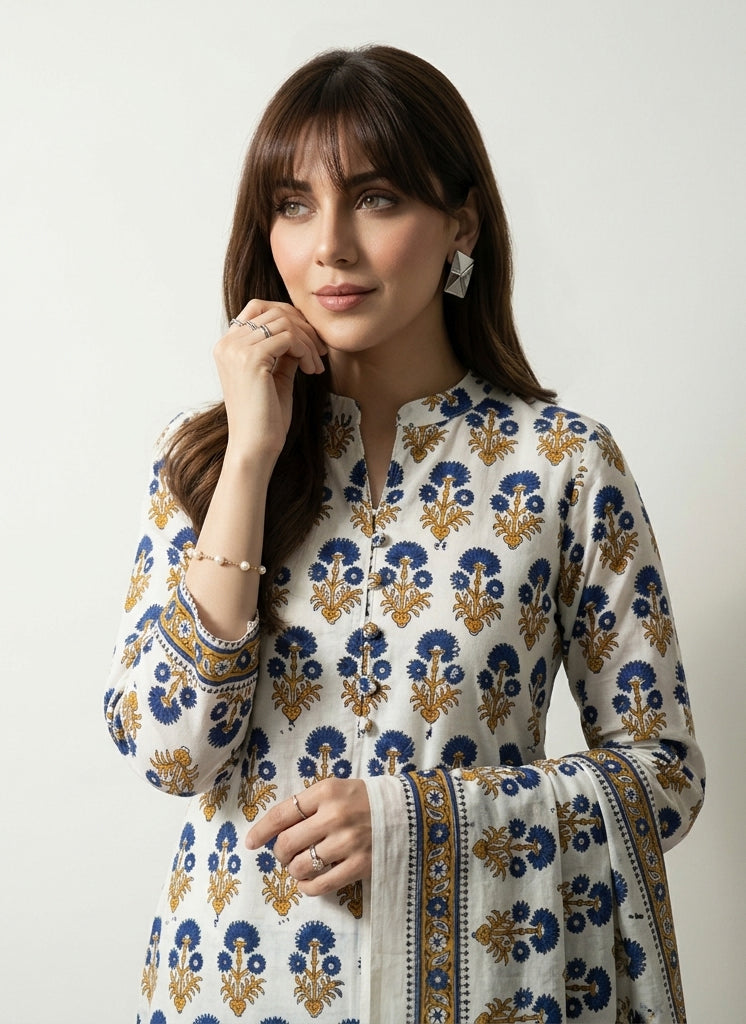 Blue floral butta hand block printed cotton two-piece shirt and dupatta with golden yellow stems