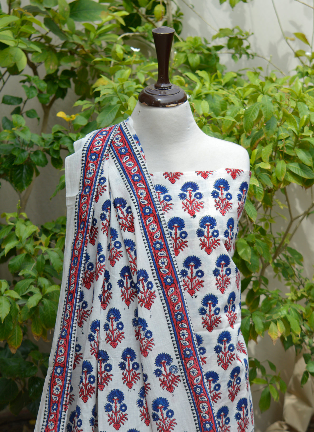 Traditional floral block print cotton unstitched suit for women with matching dupatta