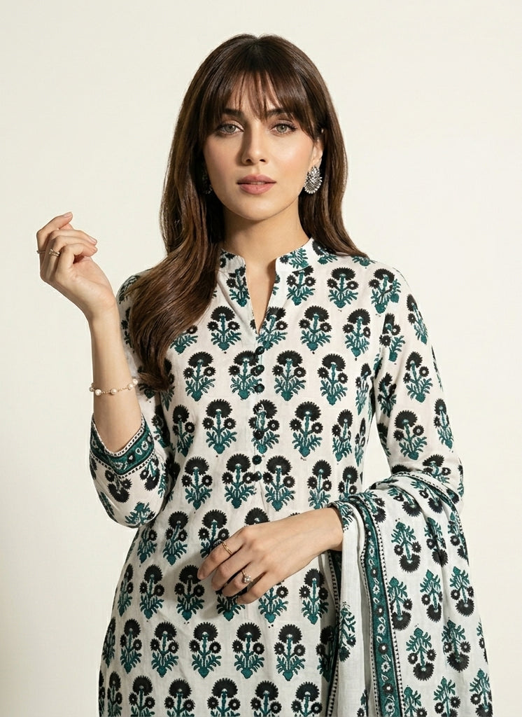 Black floral butta with green stem hand block printed cotton two-piece shirt and dupatta