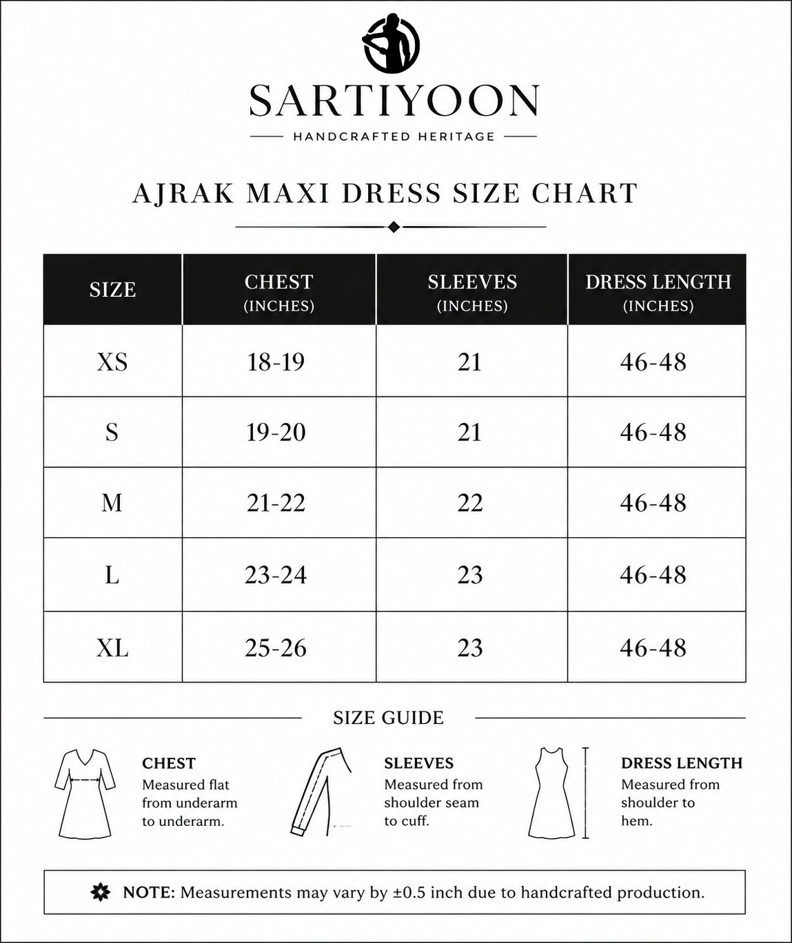 Ajrak Maxi Dress size guide by Sartiyoon featuring XS, S, M, L, and XL measurements in inches.