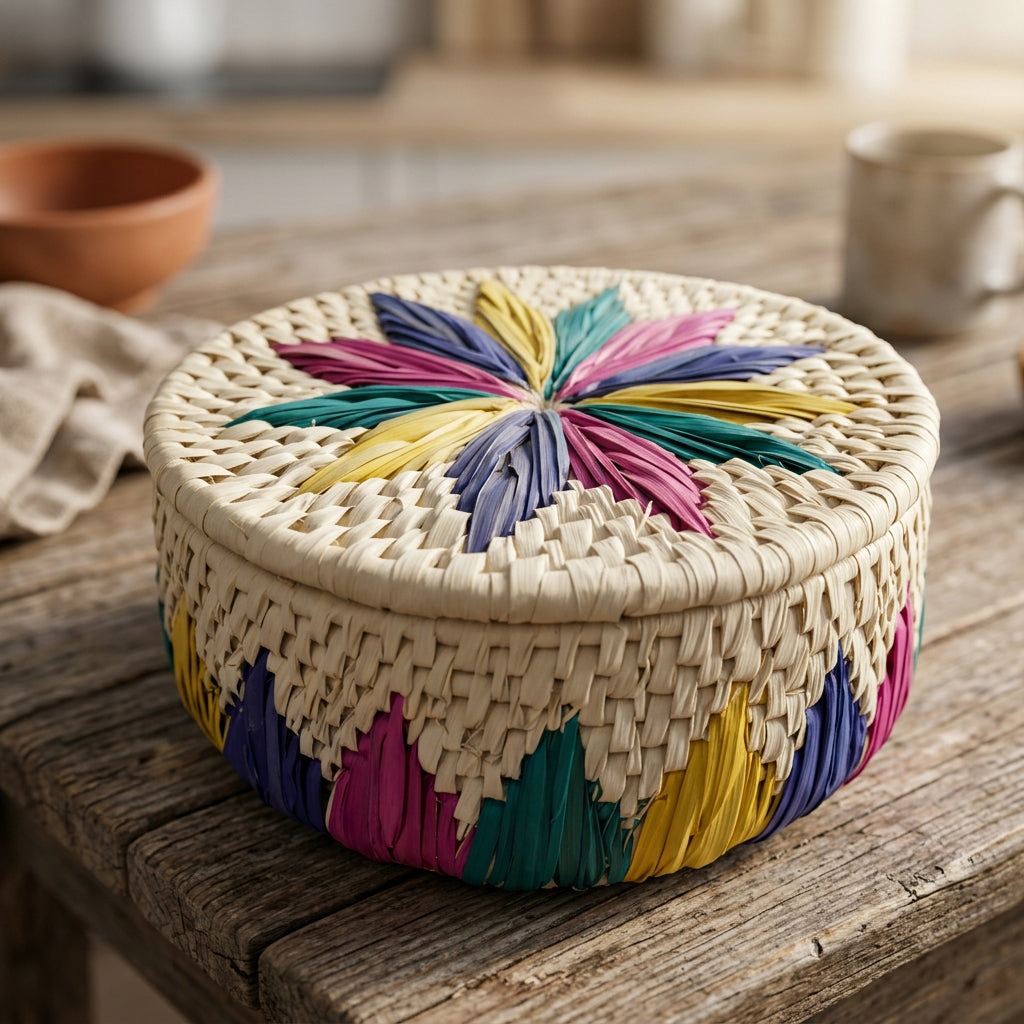 Multicolored Handwoven Palm Leaf Bread Basket with Decorative Floral Lid and Geometric Woven Patterns, Handmade Natural Storage Basket by Sartiyoon