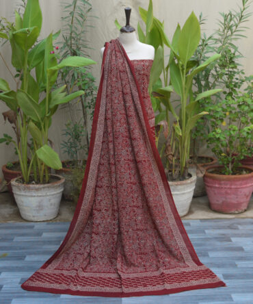 Organic Dye Hand Block Printed Ajrak Floral Bel Un-Stitched Two-Piece Set with shirt and dupatta, featuring traditional Ajrak floral and geometric patterns in black and maroon.