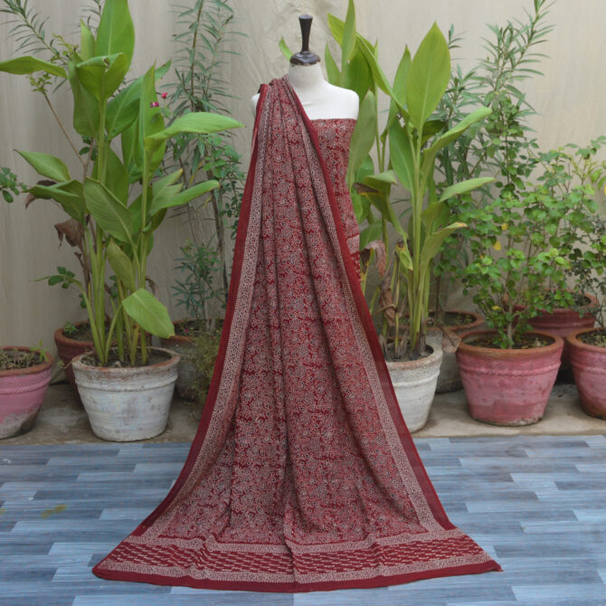 Organic Dye Hand Block Printed Ajrak Floral Bel Un-Stitched Two-Piece Set with shirt and dupatta, featuring traditional Ajrak floral and geometric patterns in black and maroon.