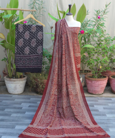 Organic dye hand block printed Ajrak maroon floral jaal un-stitched three-piece set - shirt, dupatta, trouser