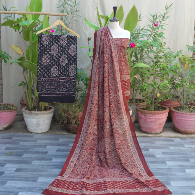 Organic dye hand block printed Ajrak maroon floral jaal un-stitched three-piece set - shirt, dupatta, trouser