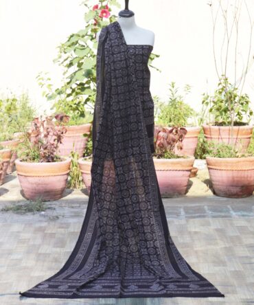 Organic Dye Hand Block Printed Ajrak Black MJD unstitched two-piece set with intricate geometric and floral patterns.