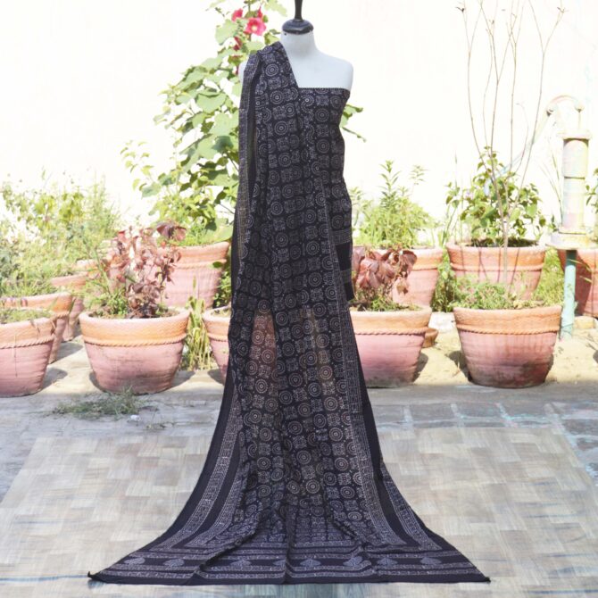 Organic Dye Hand Block Printed Ajrak Black MJD unstitched two-piece set with intricate geometric and floral patterns.