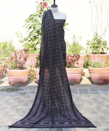 Organic Dye Hand Block Printed Ajrak Black MJD Un-Stitched Shirt and Dupatta Set, showcasing traditional craftsmanship.