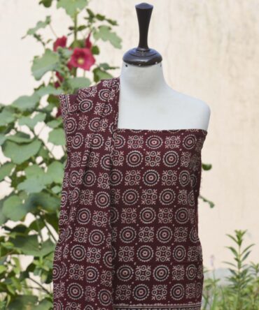 Close-up of Ajrak Red MJD shirt and dupatta with hand block printed designs in deep Redish Mehroon, showcasing traditional craftsmanship.