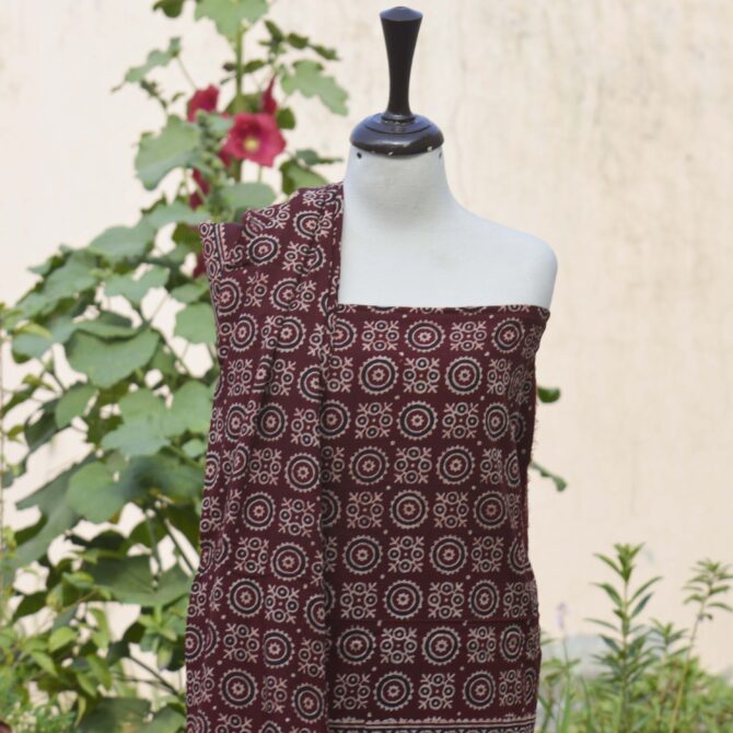 Close-up of Ajrak Red MJD shirt and dupatta with hand block printed designs in deep Redish Mehroon, showcasing traditional craftsmanship.