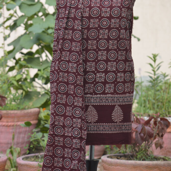 Versatile styling of Ajrak Red MJD two-piece set with intricate geometric designs and floral motifs.