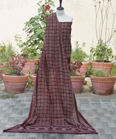 Handcrafted Ajrak Red MJD unstitched two-piece with rich patterns and eco-friendly organic dyes.