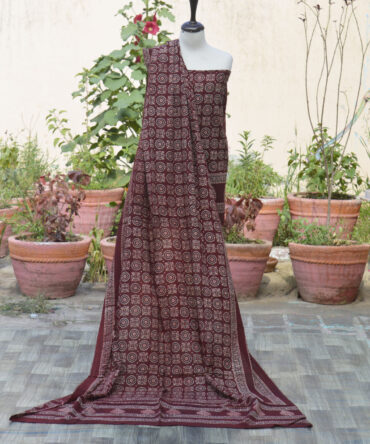 Organic dye hand block printed Ajrak Red MJD un-stitched two-piece set, featuring a traditional shirt and dupatta, handcrafted by artisans.