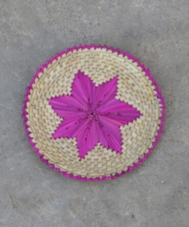 Handwoven purple and blue palm leaf changair with intricate weaving, perfect for serving bread or snacks.