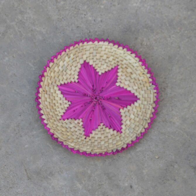 Handwoven purple and blue palm leaf changair with intricate weaving, perfect for serving bread or snacks.