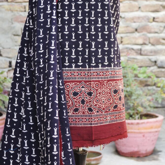 Luxurious lawn cotton fabric texture of the Ajrak Bone Un-Stitched Two-Piece Set, highlighting its breathability and softness.