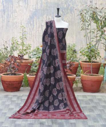 Organic Dye Hand Block Printed Ajrak Anbi Butta Unstitched Two-Piece (Shirt and Dupatta) – A beautifully handcrafted shirt and dupatta set featuring deep maroon and black geometric and floral patterns on breathable lawn cotton fabric.