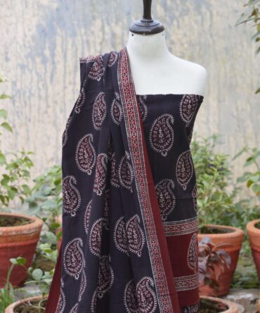 Close-up of Ajrak Anbi Butta Patterns – Intricate hand block printed geometric and floral designs in rich maroon and black, crafted using organic dyes on high-quality lawn cotton.