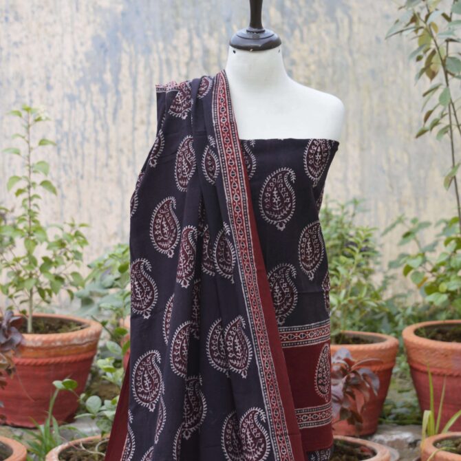 Close-up of Ajrak Anbi Butta Patterns – Intricate hand block printed geometric and floral designs in rich maroon and black, crafted using organic dyes on high-quality lawn cotton.