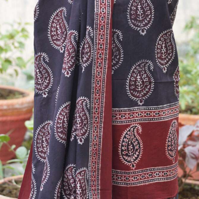 Artisan Crafting Ajrak Hand Block Print – Skilled artisan hand block printing traditional Ajrak patterns using organic dyes on cotton fabric.