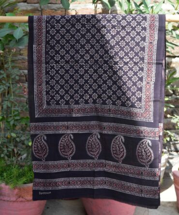 Black Floral Ajrak Scarf, natural dye hand block print