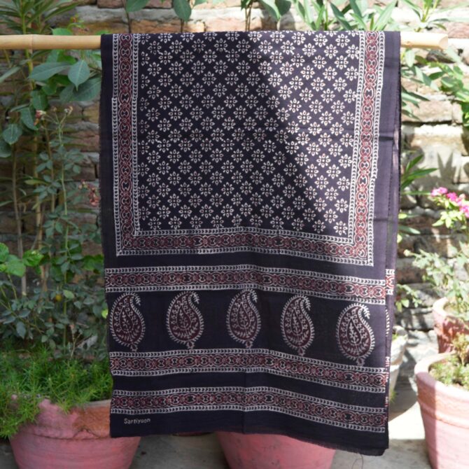 Black Floral Ajrak Scarf, natural dye hand block print