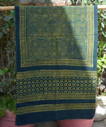 Green Ajrak Scarf, Natural Dye Hand Block Print