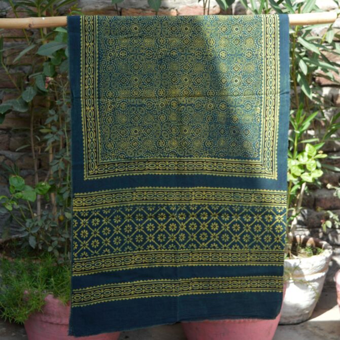 Green Ajrak Scarf, Natural Dye Hand Block Print