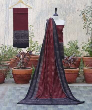 Organic Dye Hand Block Printed Ajrak Polka Dot Un-Stitched Three-Piece Set including shirt, trouser, and dupatta in deep black with intricate patterns.