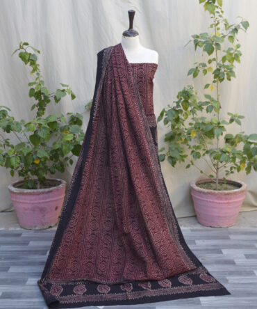 Organic dye hand block printed Ajrak Red Chunri un-stitched two-piece with shirt and dupatta, showcasing traditional craftsmanship.