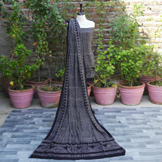 Ajrak Black ZigZag, Organic dye hand block printed Ajrak black zigzag unstitched two-piece set featuring shirt and dupatta, handcrafted by artisans.