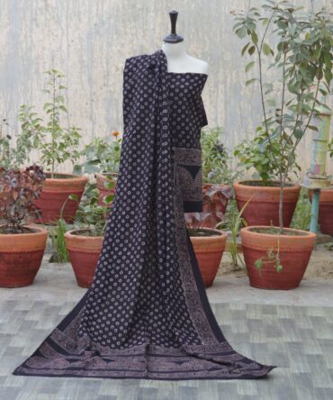 Organic Dye Hand Block Printed Ajrak Floral Black Un-Stitched Two-Piece featuring a shirt and dupatta, showcasing intricate geometric and floral designs.