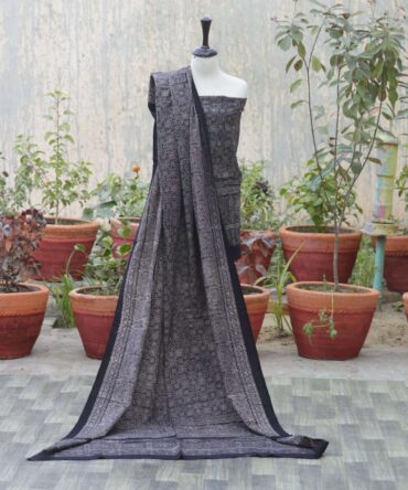 Ajrak Black, Ajrak Chaadar , Ajrak Dress, Organic Dye Hand Block Printed Ajrak Black Un-Stitched Two-Piece (Shirt and Dupatta) with intricate geometric and floral patterns.