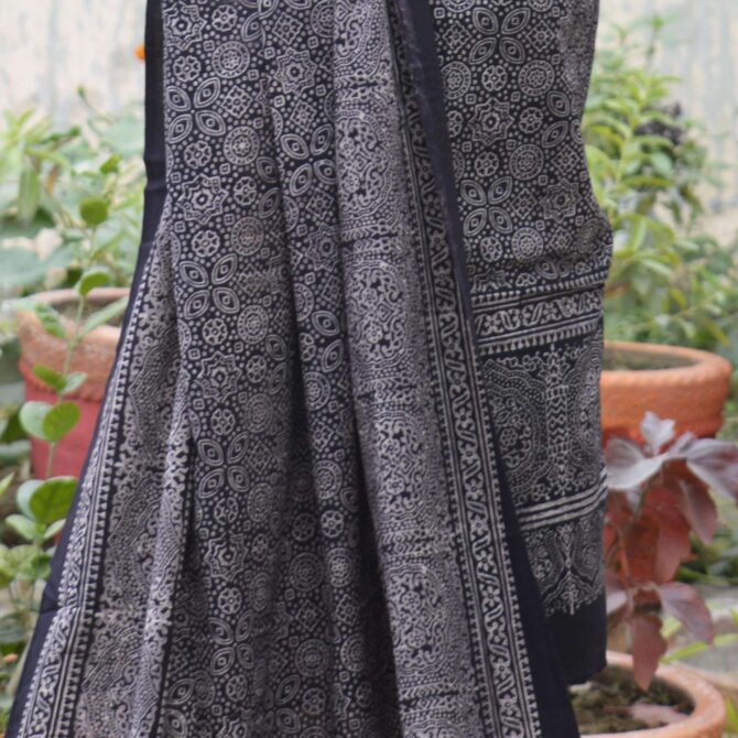 Black Lawn cotton fabric from the Organic Dye Hand Block Printed Ajrak Two-Piece, showcasing eco-friendly craftsmanship.